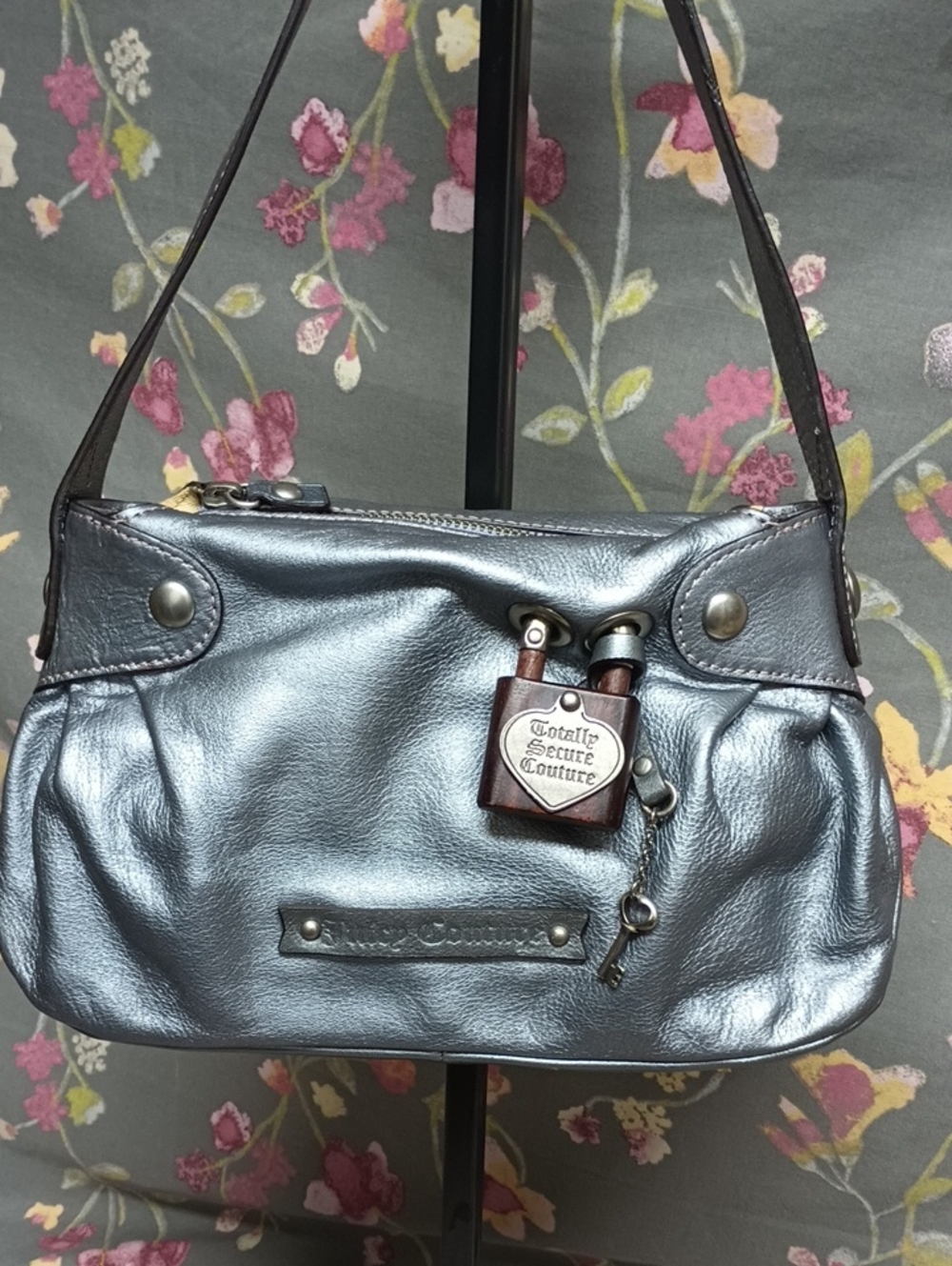 Vintage Juicy Couture Metallic Silver Leather Shoulder Bag - Rare Y2K Lock & Key